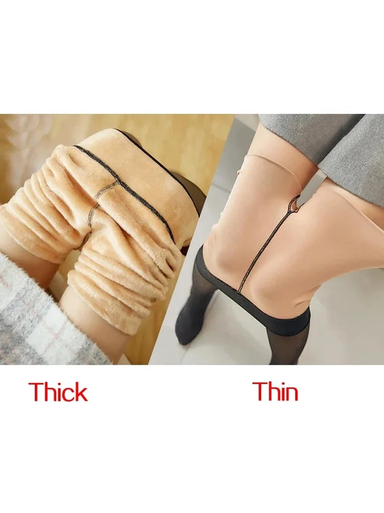 Women Thermal Leggings Winter Warm Sexy Elastic Translucent Pantyhose Female Fleece Thermal High Waist Slim Thicken Tight Pants